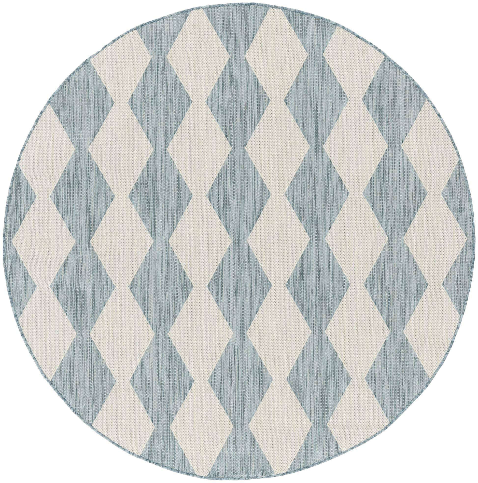 Round rug with blue and beige diamond pattern, woven texture; modern geometric style for living room.