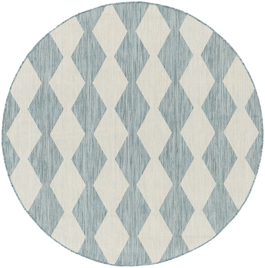 Round rug with blue and beige diamond pattern, woven texture; modern geometric style for living room.