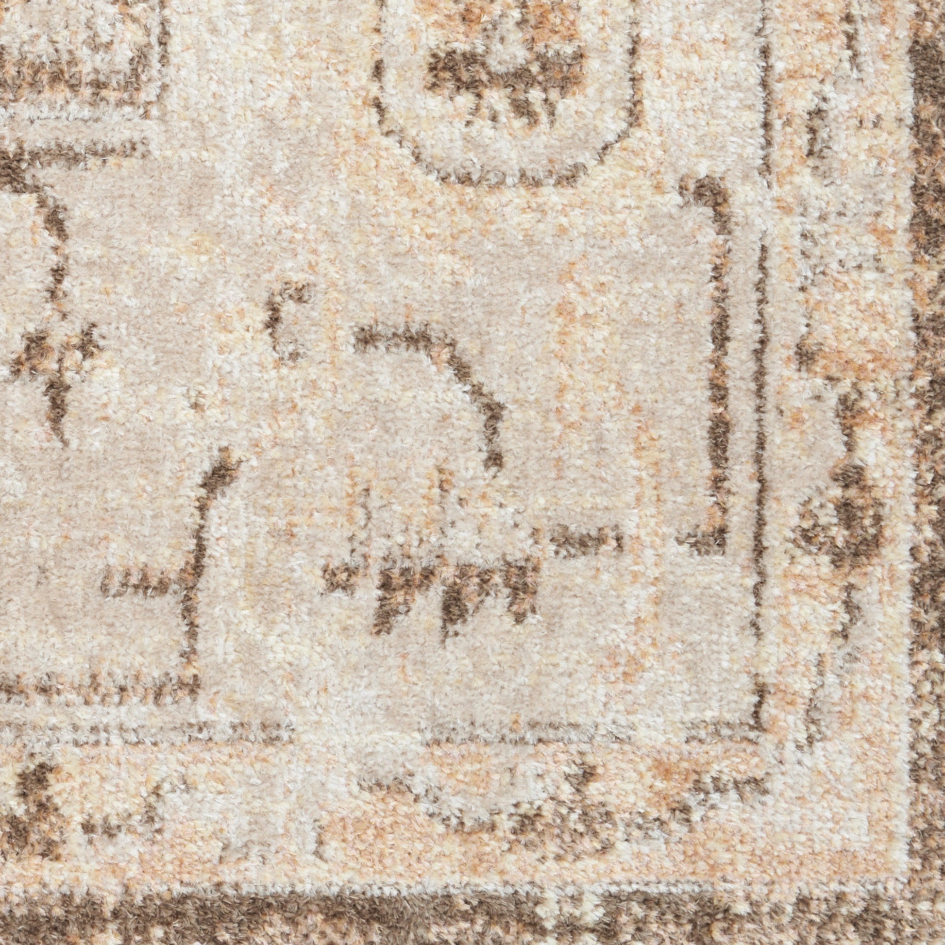 Cream-beige textured rug close-up with brown border and subtle floral motifs.