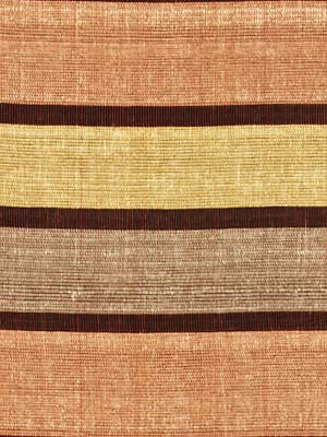 Woven striped drapery fabric with horizontal peach, gold, tan and brown bands; rustic boho look.