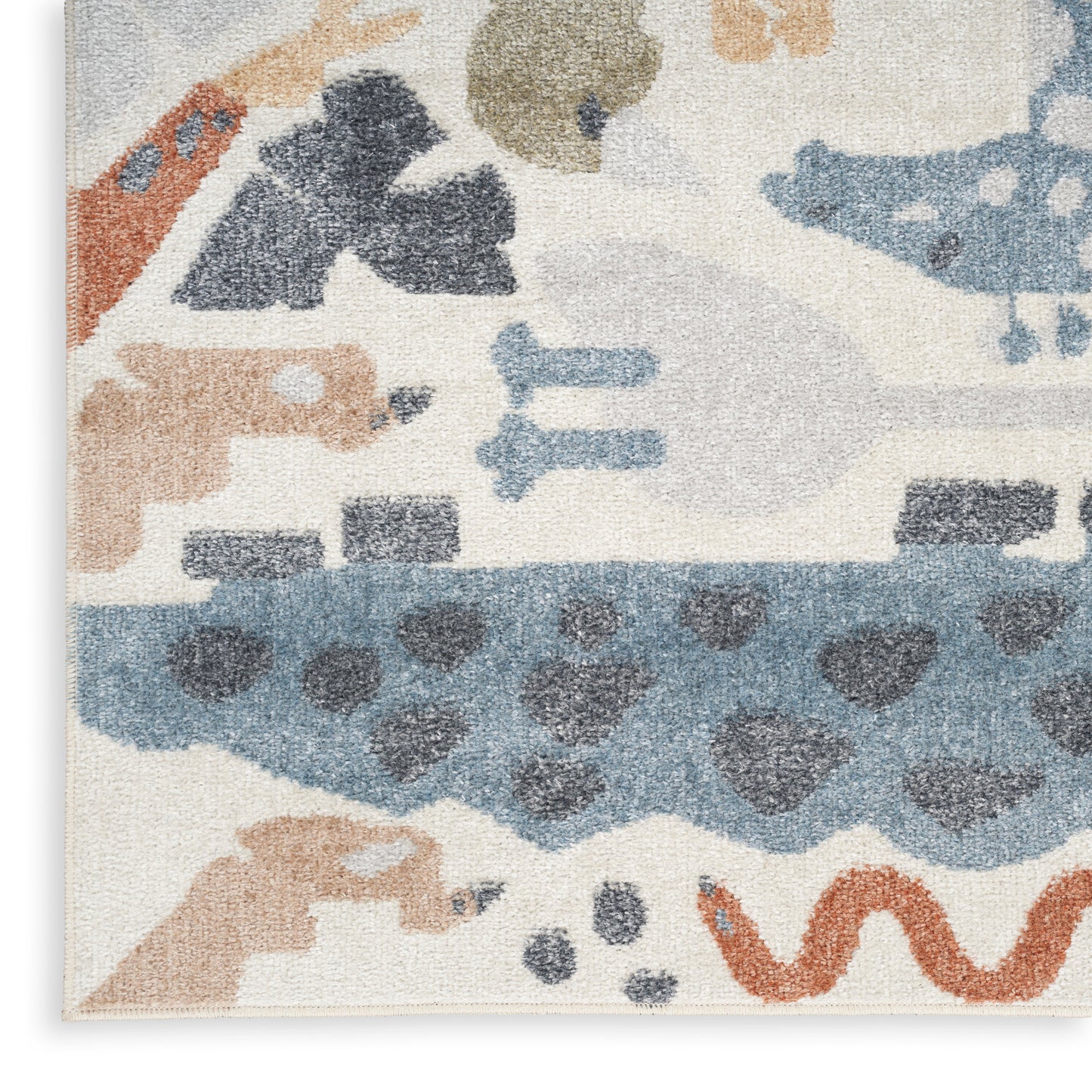 Abstract multicolor woven rug with blue wave stripe and tan, gray, rust shapes; modern geometric pattern.