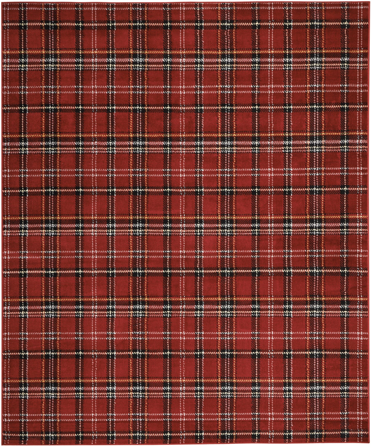 Red plaid fabric swatch with black & white checks, tartan-inspired pattern.