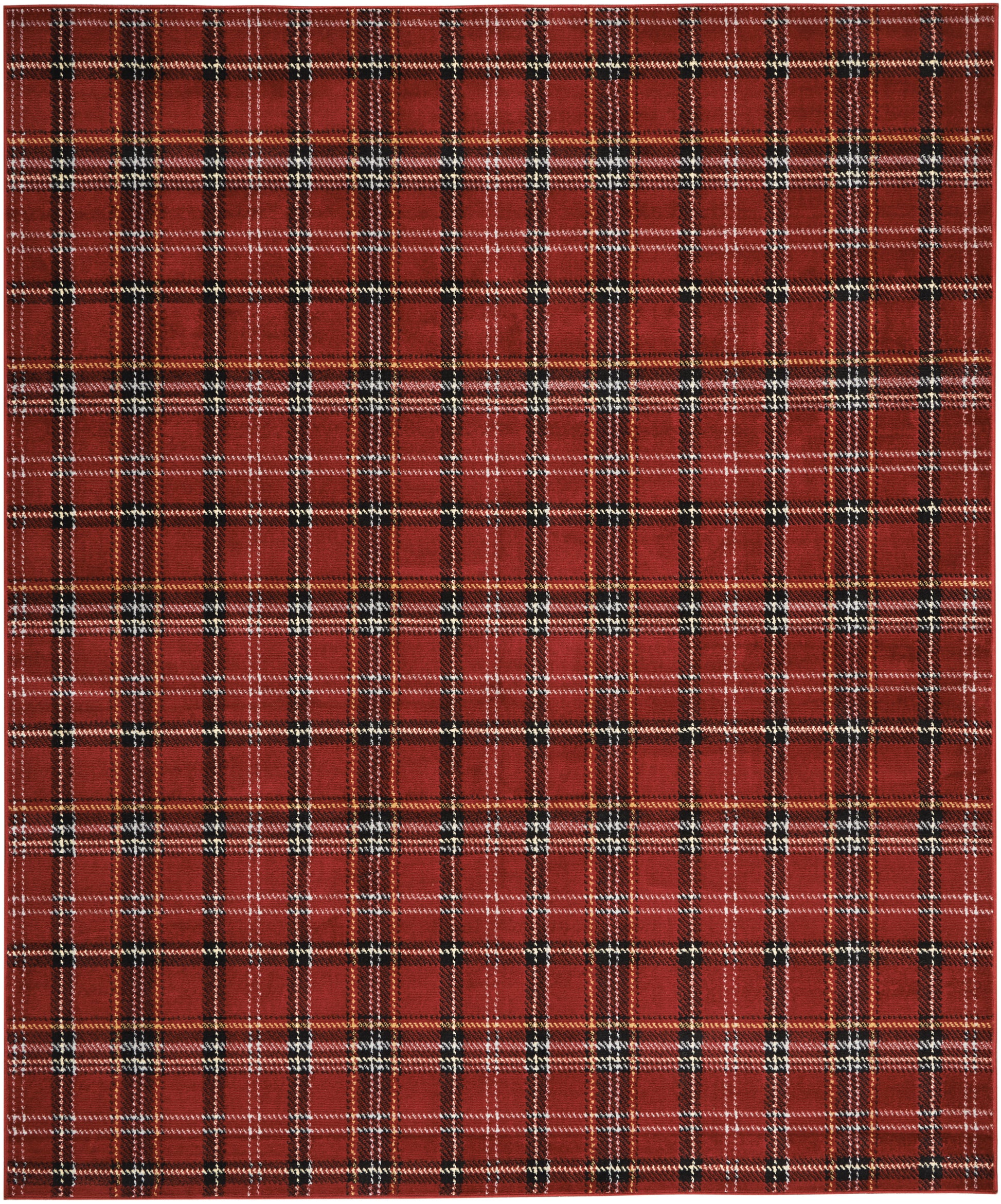 Red plaid fabric swatch with black & white checks, tartan-inspired pattern.