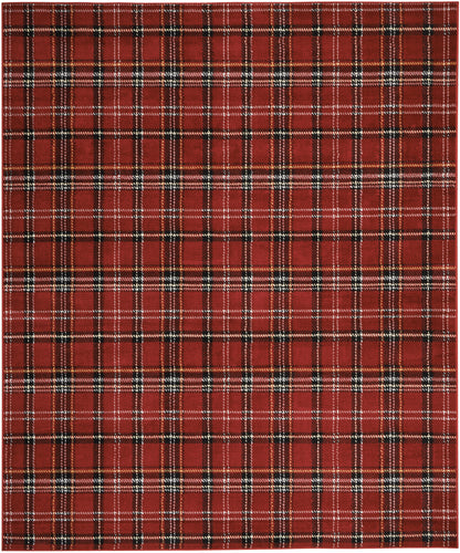 Red plaid fabric swatch with black & white checks, tartan-inspired pattern.