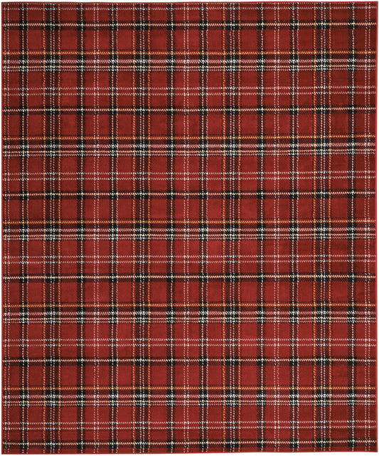 Red plaid fabric swatch with black & white checks, tartan-inspired pattern.