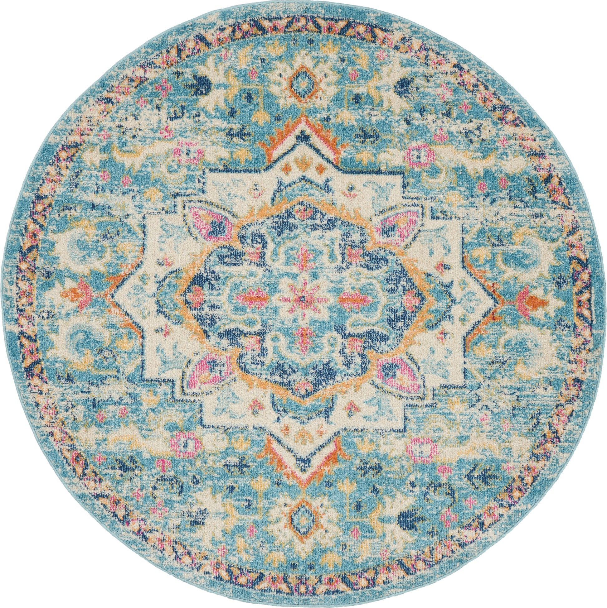 Round turquoise oriental rug with ivory central medallion, blue and peach accents and an ornate border.