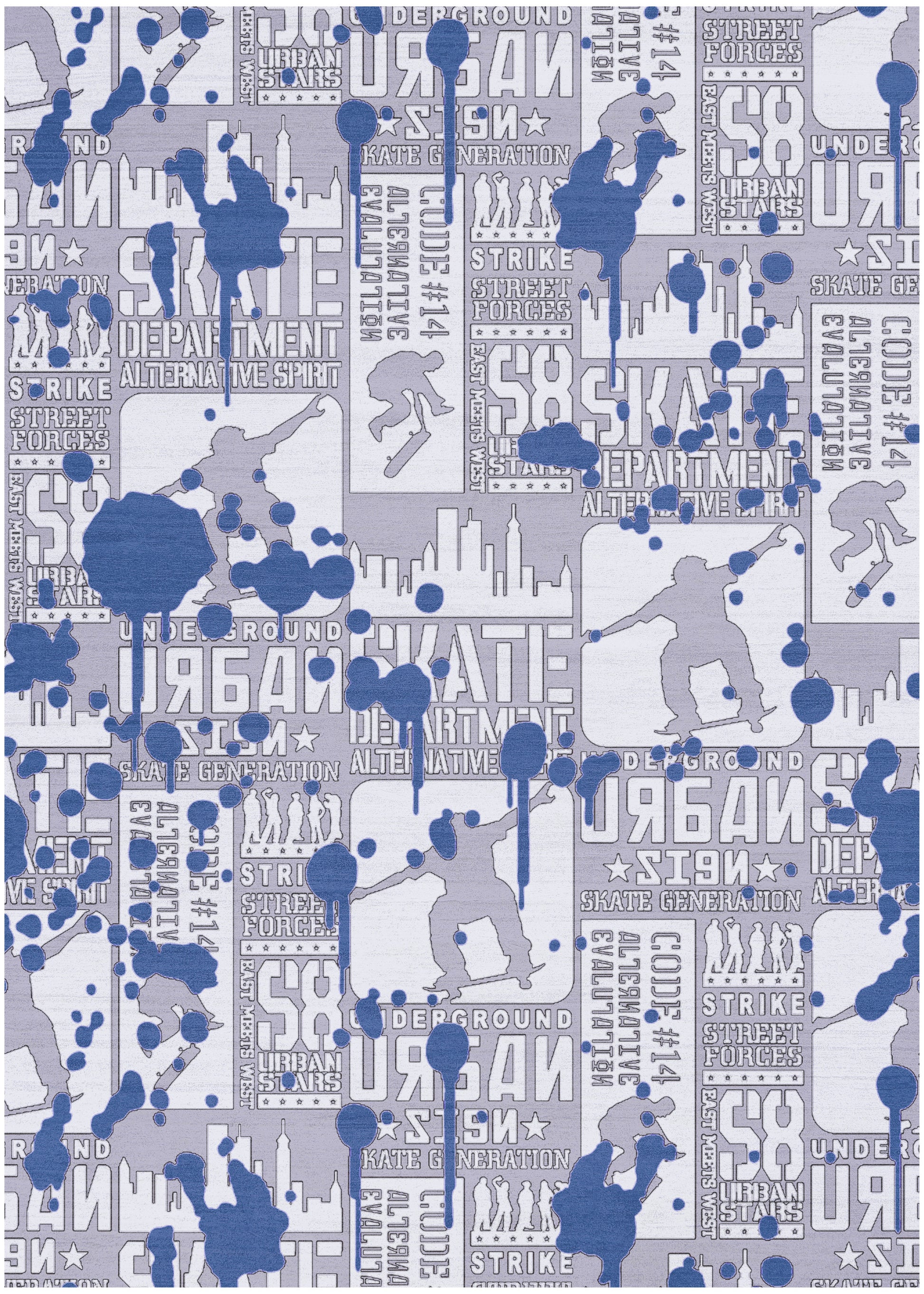 Abstract urban graffiti pattern with blue paint splatters, city skyline silhouettes and text on lavender.