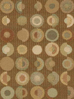 Woven brown upholstery fabric with concentric circles in beige, tan, sage, blue-gray, and rust.