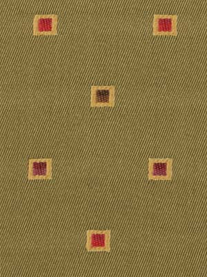 Olive fabric with diagonal weave & small beige-bordered squares, each with a red center, spaced in a scattered pattern.