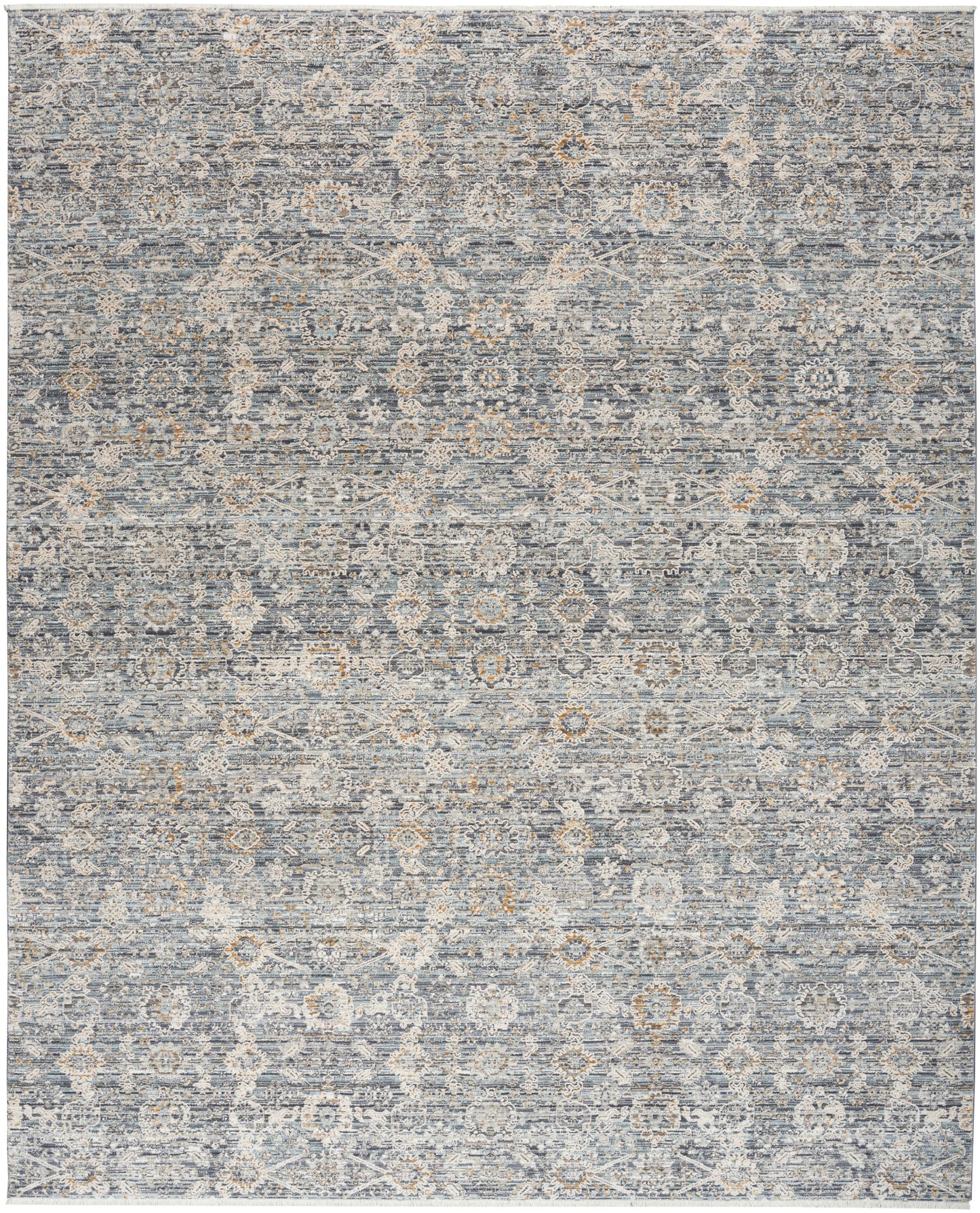 Blue-gray distressed oriental rug with cream & tan medallions, rectangular, traditional living room decor.
