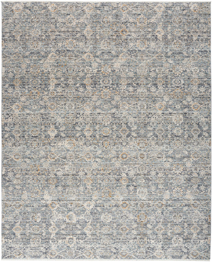 Blue-gray distressed oriental rug with cream & tan medallions, rectangular, traditional living room decor.