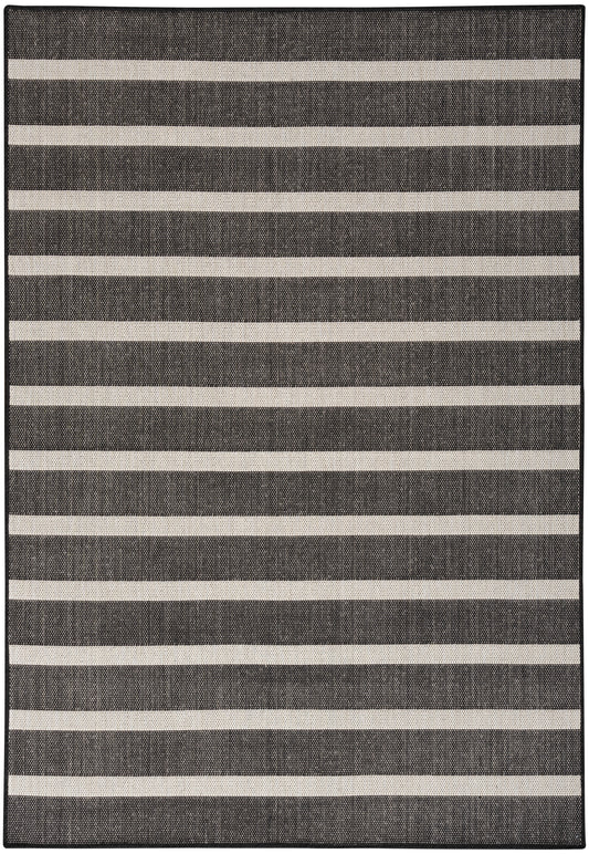 Rectangular dark gray woven rug with wide cream horizontal stripes, textured surface, modern striped design