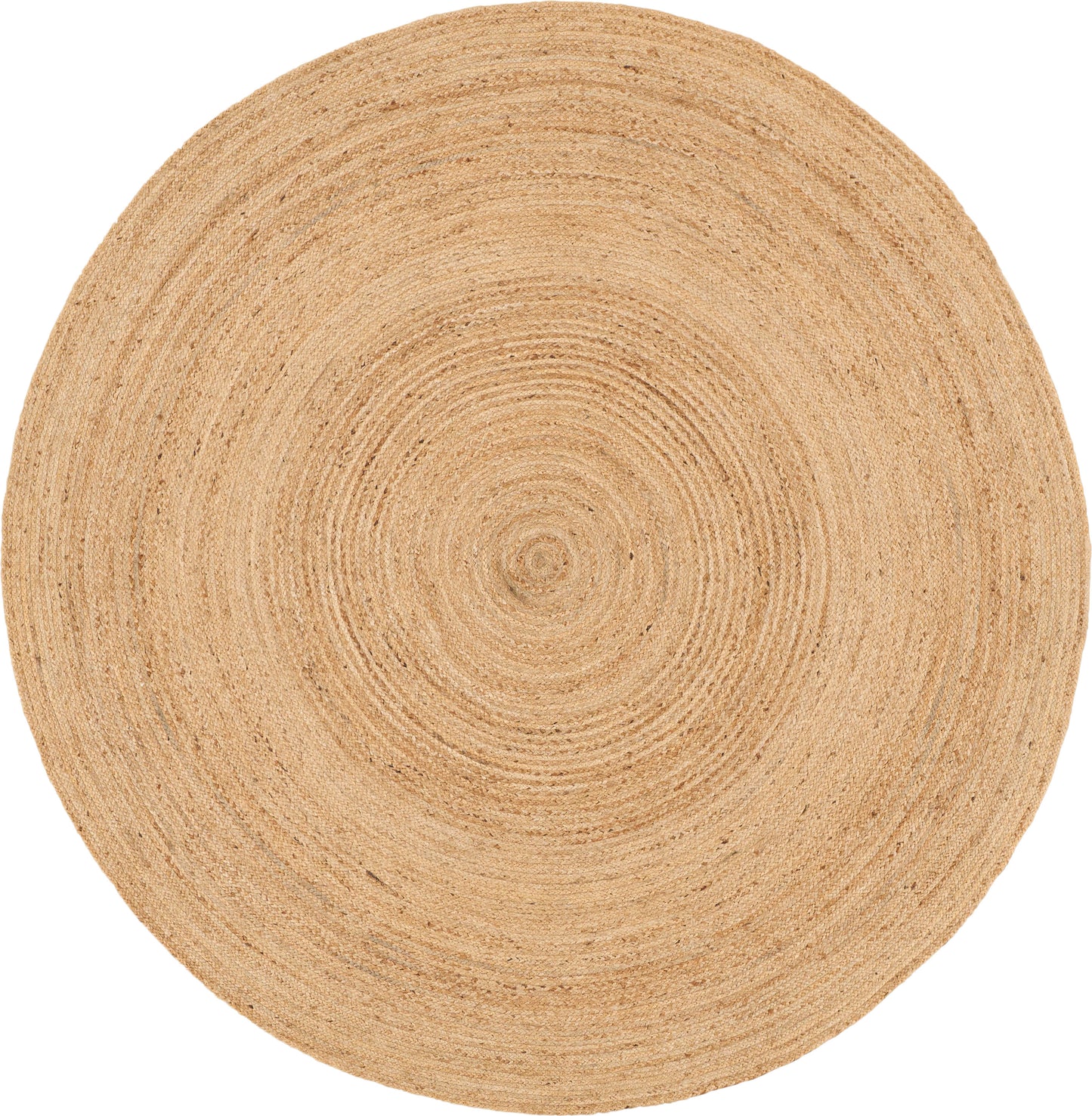 Natural jute round rug with concentric woven rings in warm beige; farmhouse style, 8' round.