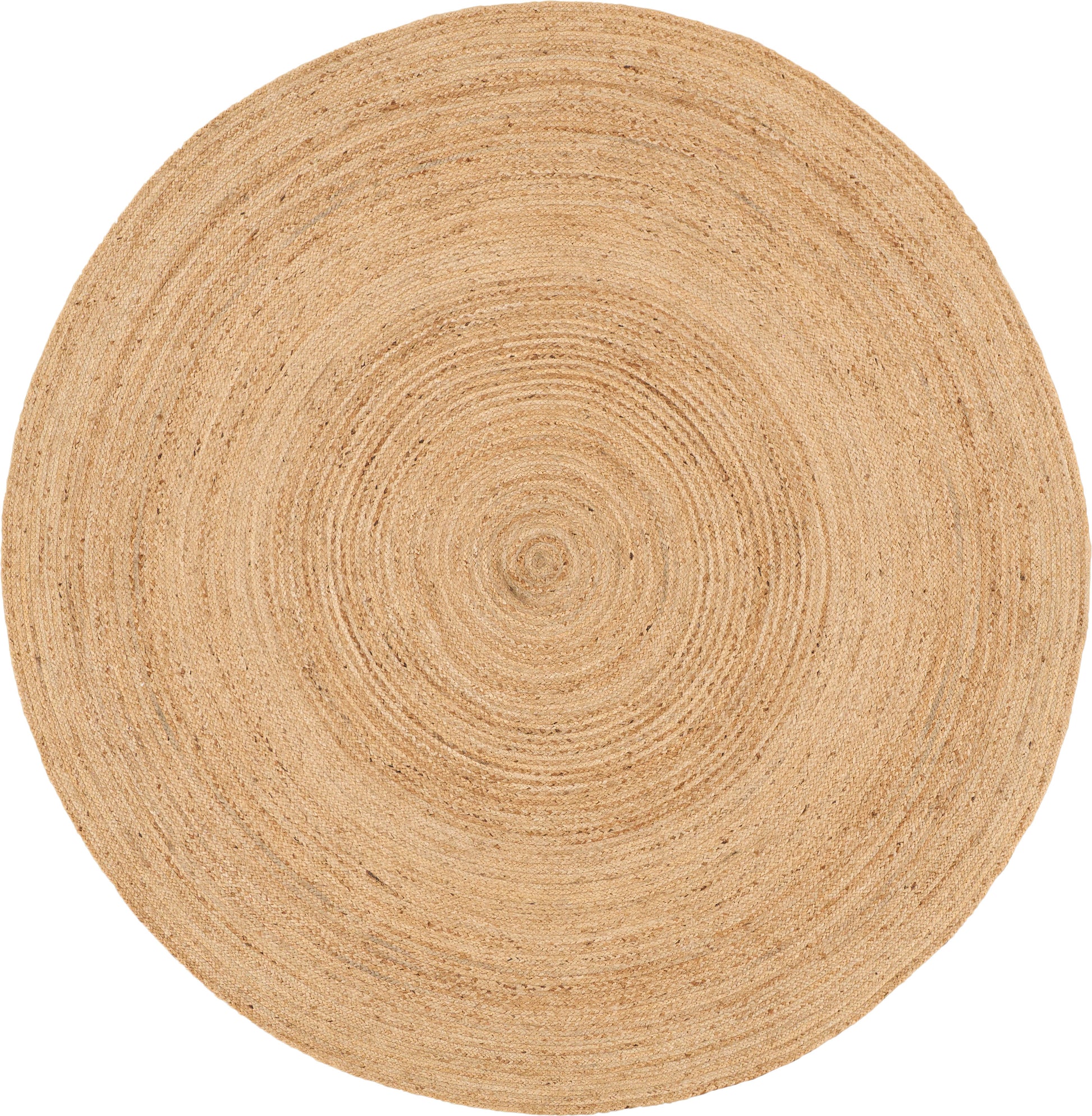 Natural jute round rug with concentric woven rings in warm beige; farmhouse style, 8' round.