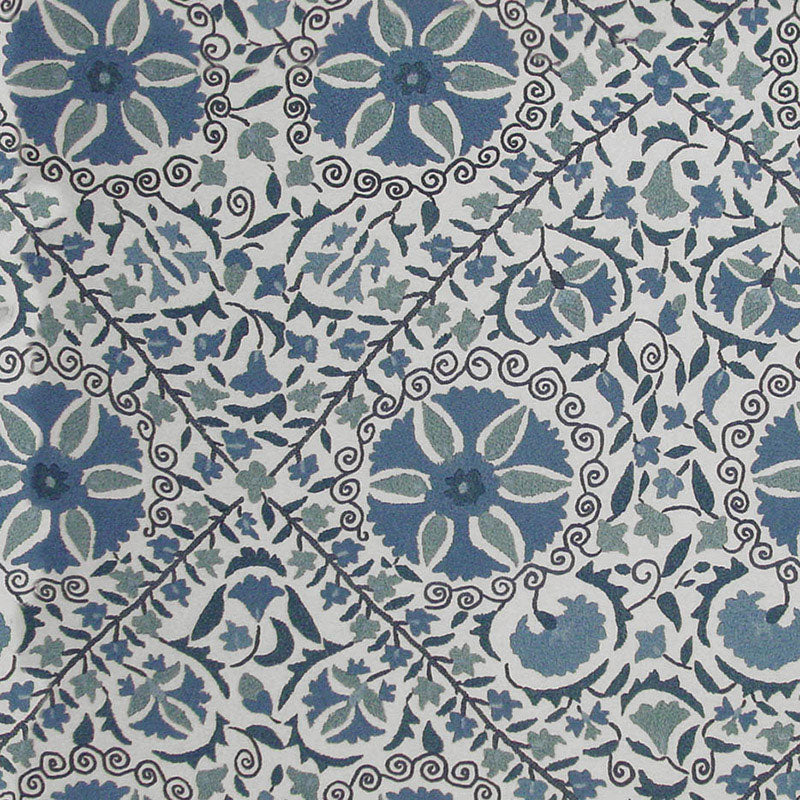 Blue and teal floral medallion damask pattern with vines on light gray background; repeating textile/wallpaper design.