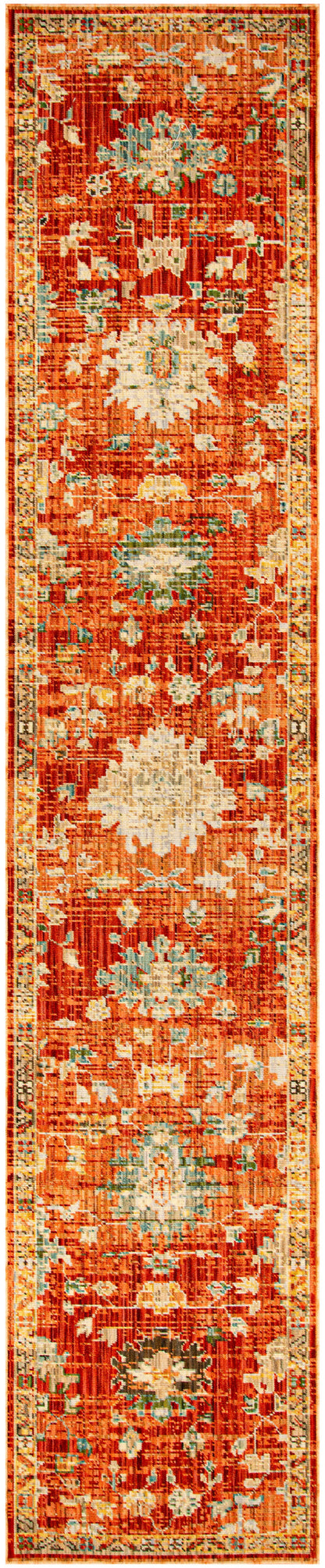 Traditional oriental woven runner rug; long narrow red-orange field with cream medallions and teal accents, bordered edges.