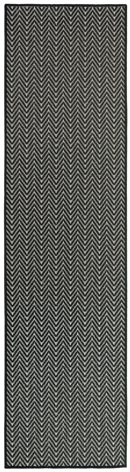 Black and ivory chevron-pattern runner rug with a dark border, 8' long, rectangular woven textile.