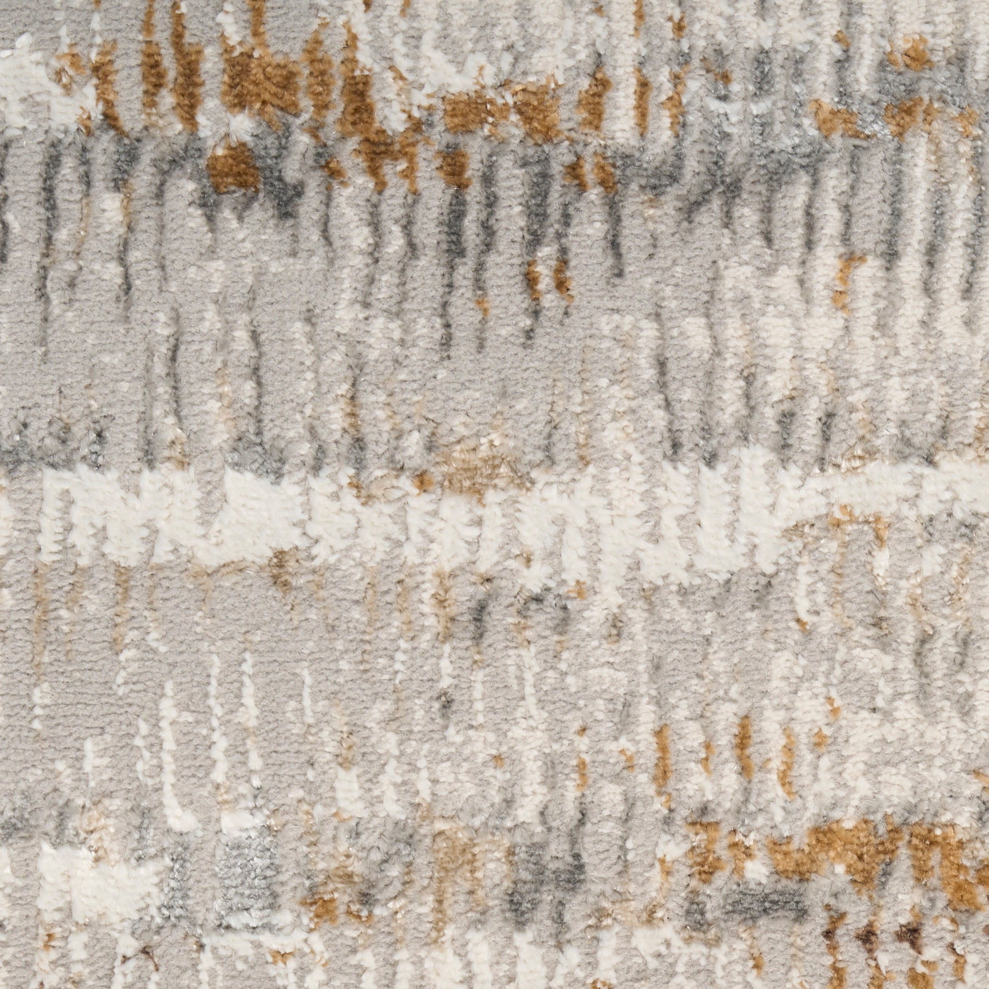 Soft shag rug in gray, taupe and ivory tones with abstract vertical stripes; plush rectangular living room rug.