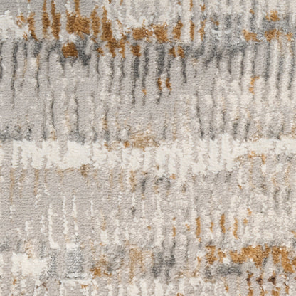 Soft shag rug in gray, taupe and ivory tones with abstract vertical stripes; plush rectangular living room rug.