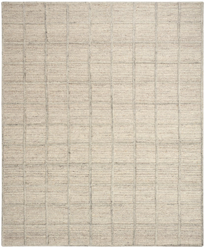 Beige rectangular rug with subtle cream grid lines forming square tiles; flat-weave, neutral-toned, modern geometric pattern.