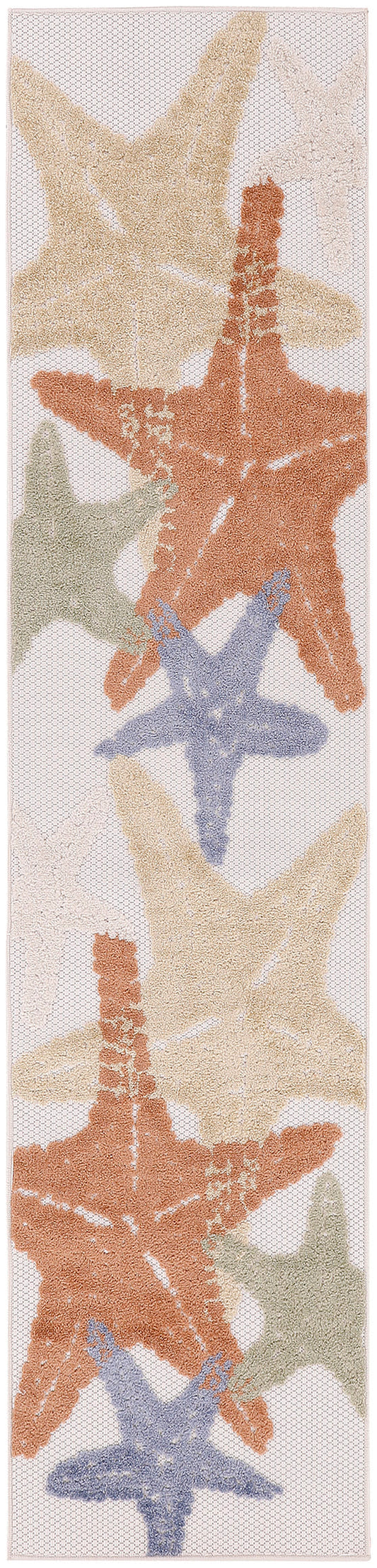 Rectangular coastal runner rug with pastel starfish in beige, coral, sage green and blue.