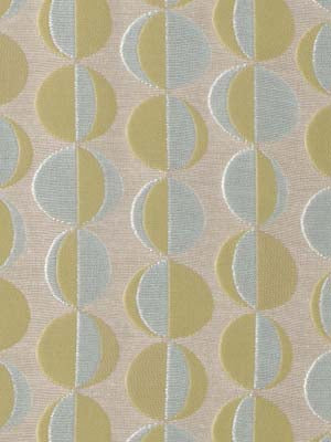 Mid-century geometric textile pattern: vertical columns of olive and pale blue circles on beige background.