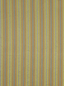 Vertical striped upholstery fabric pattern in yellow, green, blue and orange tones; slim, repeating stripes.