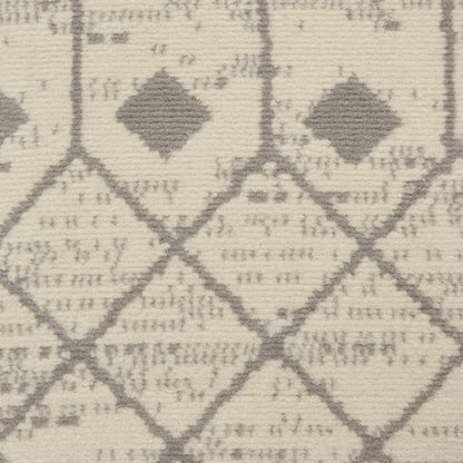Beige woven rug with taupe diamond lattice pattern and small central diamonds.