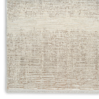 Beige distressed area rug with cream and taupe pattern, soft textured pile, fringed edges; living room or bedroom decor.