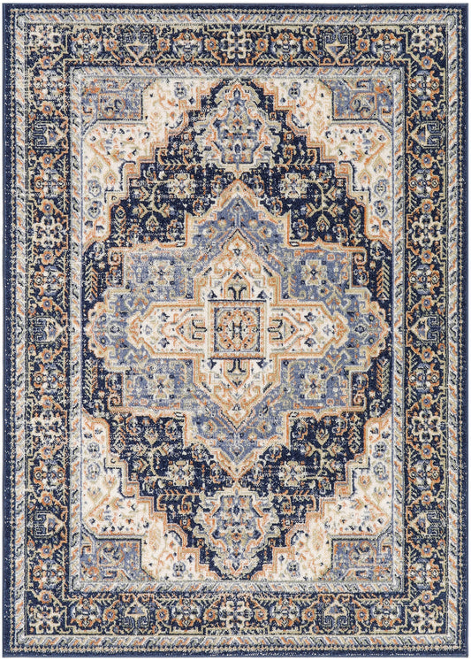 Traditional Persian-style area rug with navy, ivory, and cream tones, central medallion and ornate floral border.