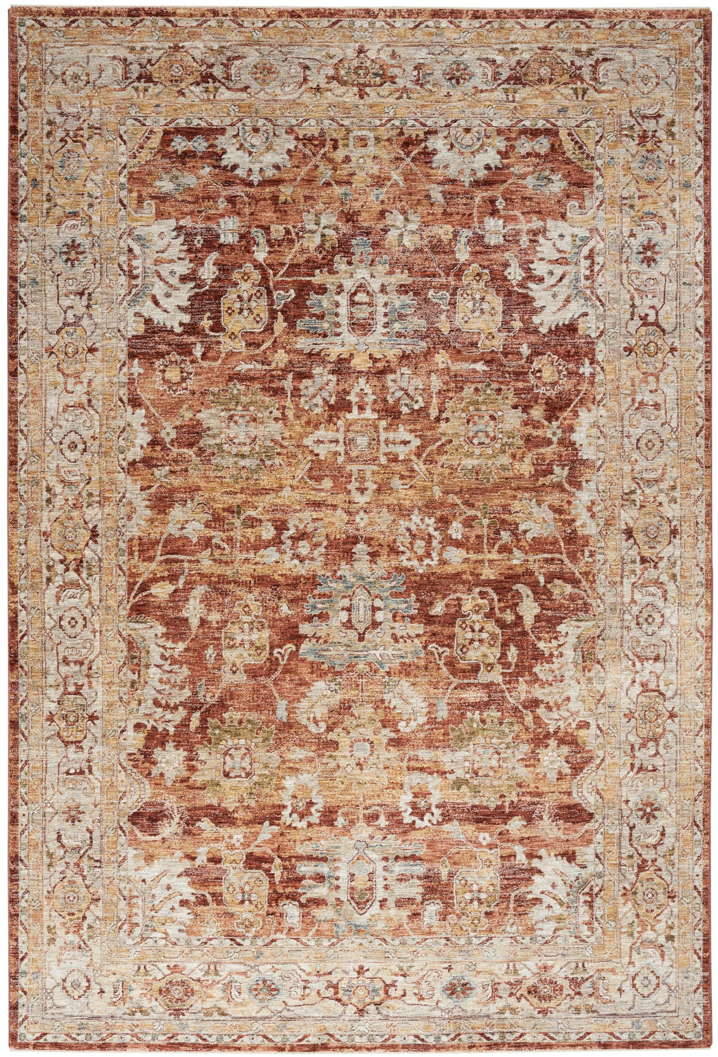 Rectangular Persian rug with a rust-red center, cream border, floral motifs, distressed finish, and warm blue accents