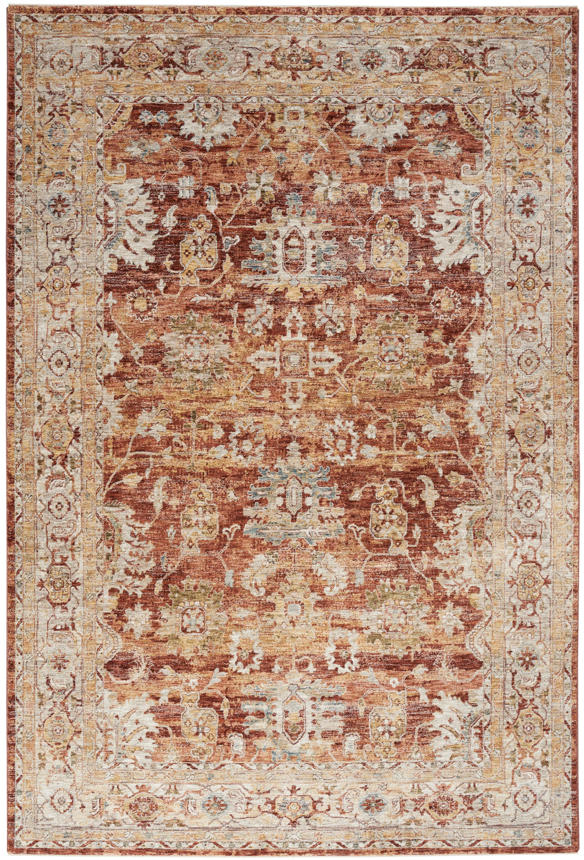 Rectangular Persian rug with a rust-red center, cream border, floral motifs, distressed finish, and warm blue accents