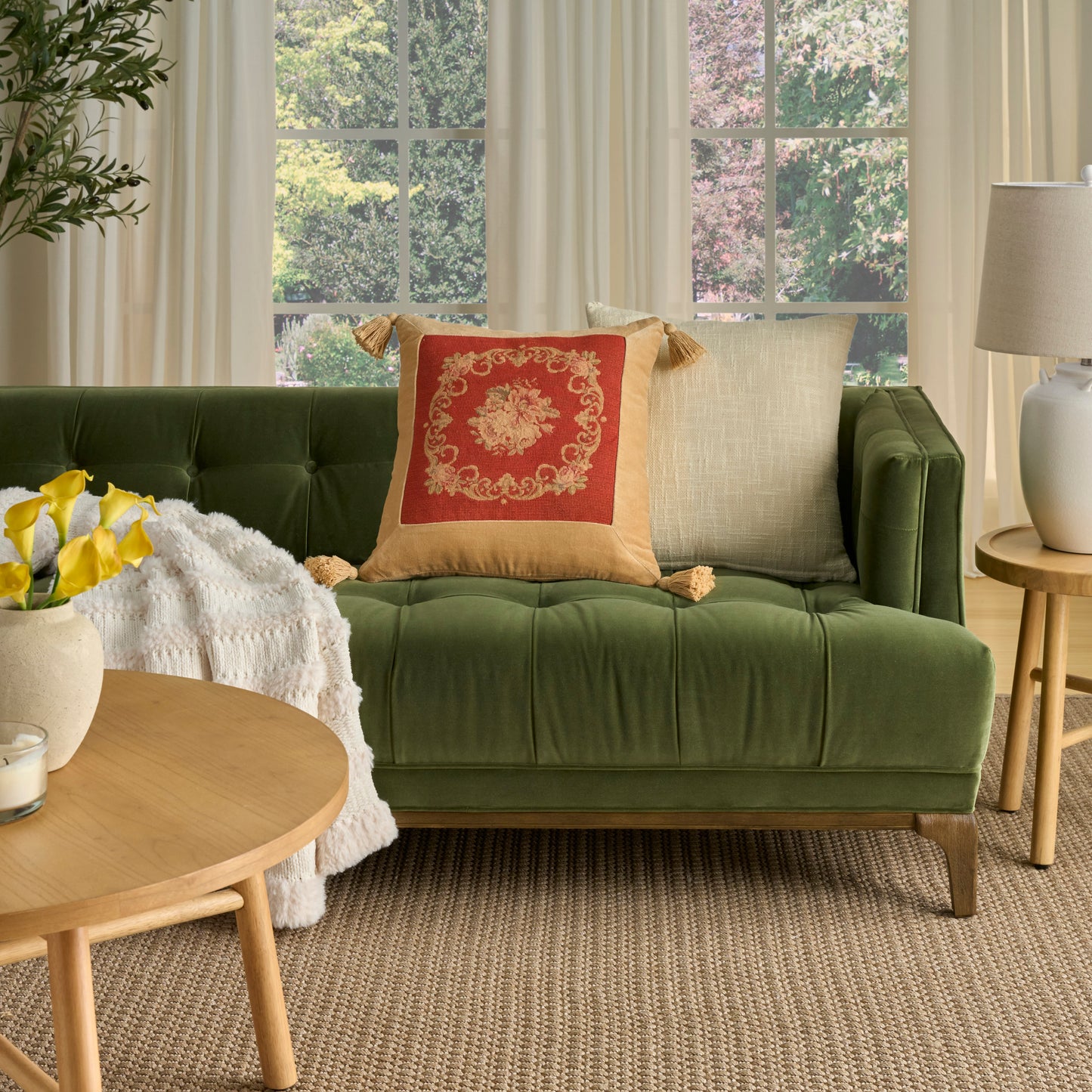 Vintage coral rug with a woven texture, shown in a living room scene.
