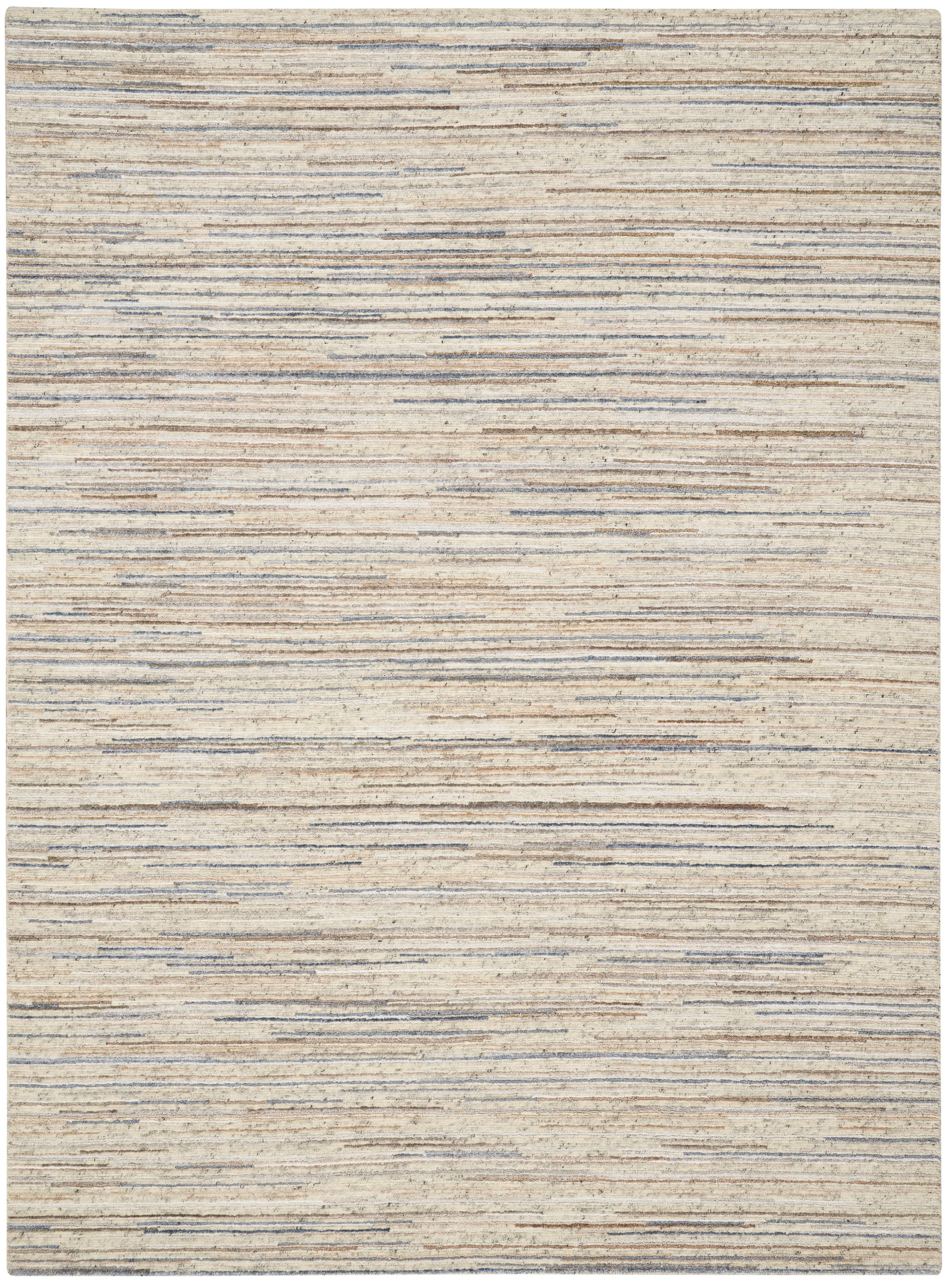 Beige area rug with thin blue-gray horizontal stripes; woven texture, modern decor rug for living room.