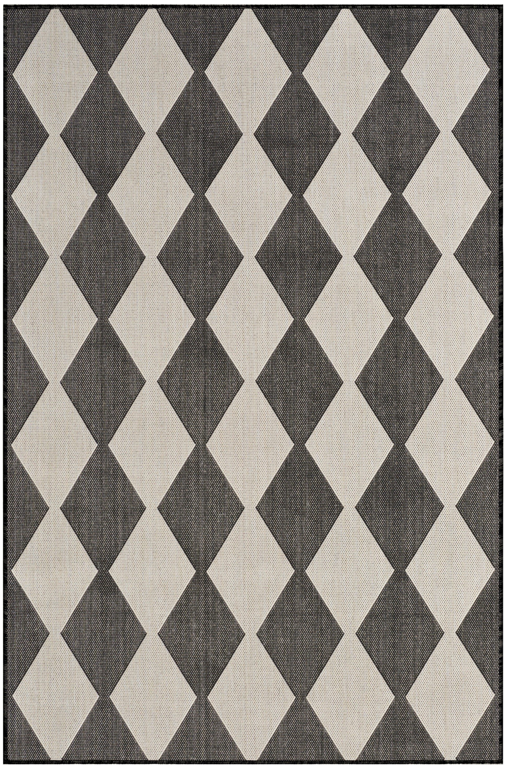 Geometric area rug with alternating beige and dark gray diamond pattern; woven textured fabric, rectangular rug.