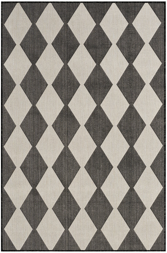 Geometric area rug with alternating beige and dark gray diamond pattern; woven textured fabric, rectangular rug.