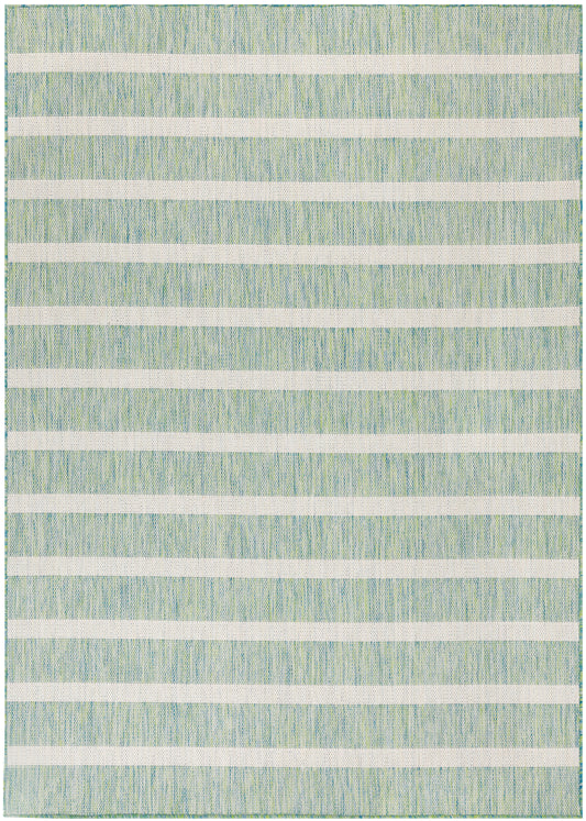 Blue-green woven rug with bold white horizontal stripes, coastal contemporary style.