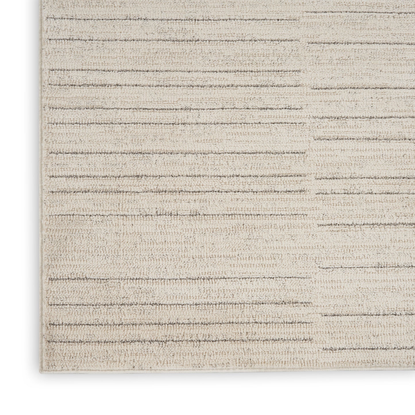 Beige runner rug with subtle horizontal stripes in muted gray-brown; low-pile, woven texture.