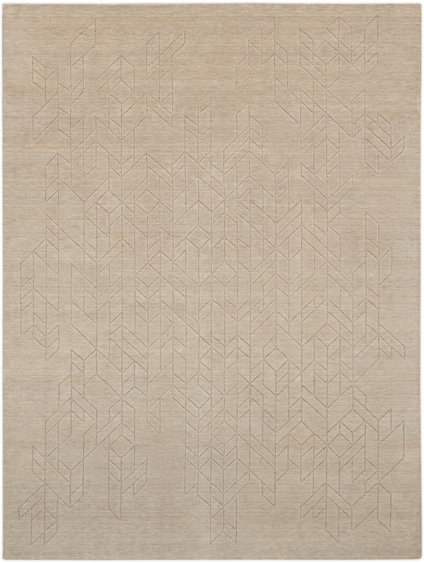 Beige rectangular rug with subtle pale geometric chevron lines; soft woven texture, modern minimalist home decor.