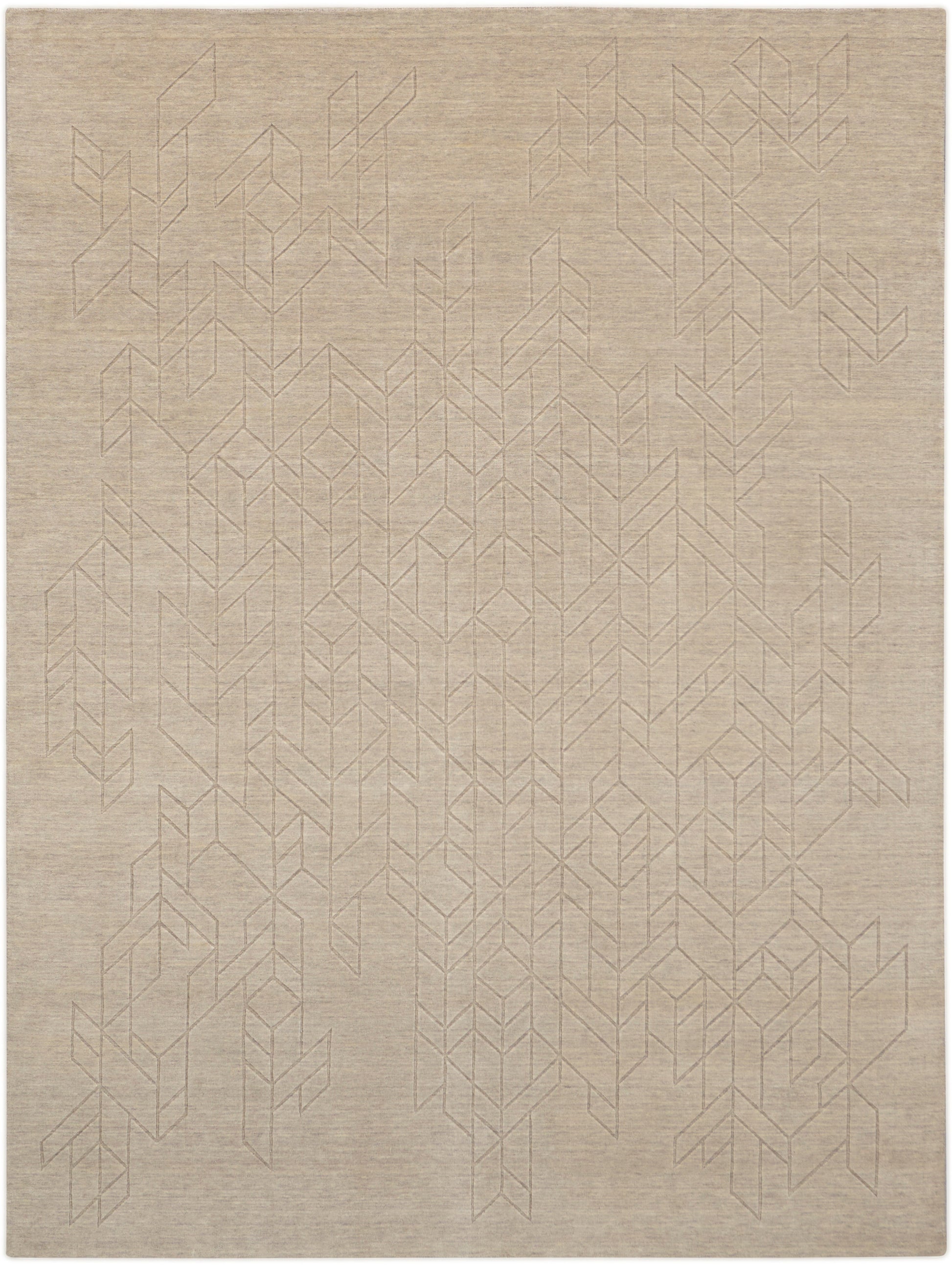 Beige rectangular rug with subtle pale geometric chevron lines; soft woven texture, modern minimalist home decor.