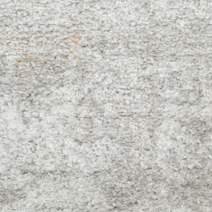 Light gray shag rug with dense plush pile; soft, fluffy texture for cozy home decor.