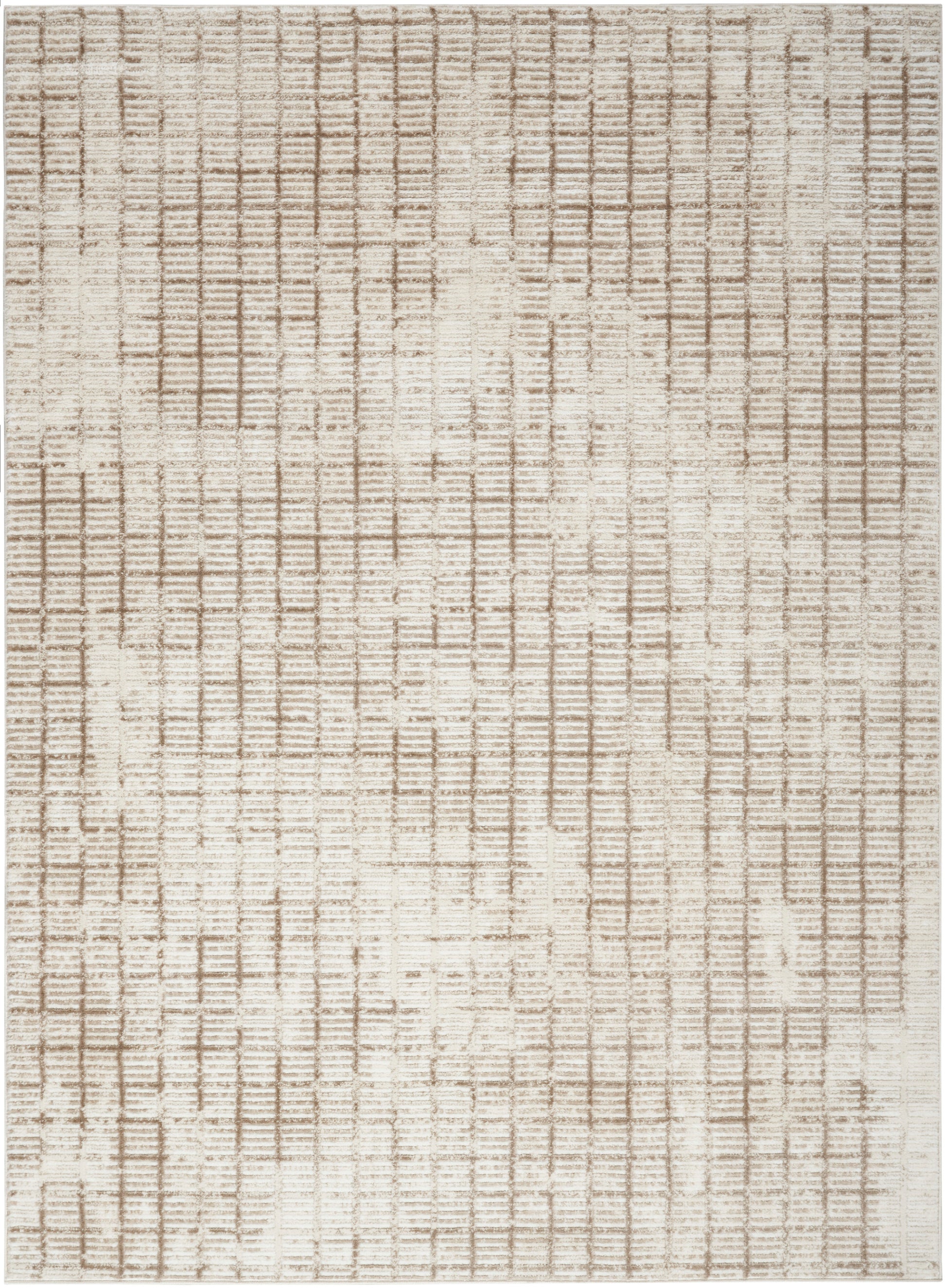 Beige area rug with cream and taupe crosshatched grid pattern, soft woven texture.