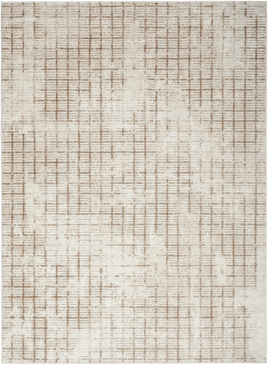 Beige area rug with cream and taupe crosshatched grid pattern, soft woven texture.
