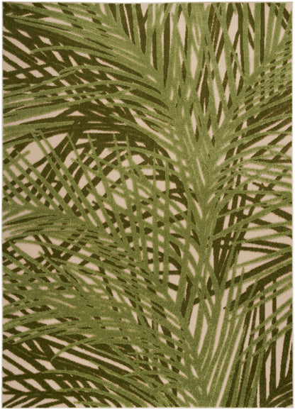 Green palm leaf pattern on beige background; tropical fronds in olive-green for fabric or wallpaper.
