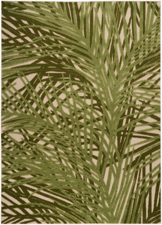 Green palm leaf pattern on beige background; tropical fronds in olive-green for fabric or wallpaper.