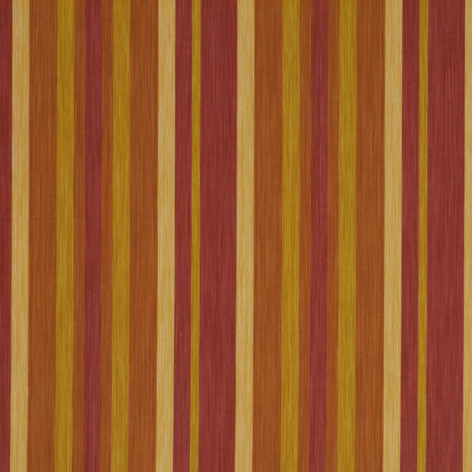 Warm vertical stripe pattern in mustard yellow, burnt orange, maroon and beige with subtle wood grain texture.