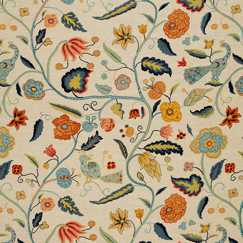 Cream floral textile with twisting teal vines and multicolored flowers in orange, blue and yellow.