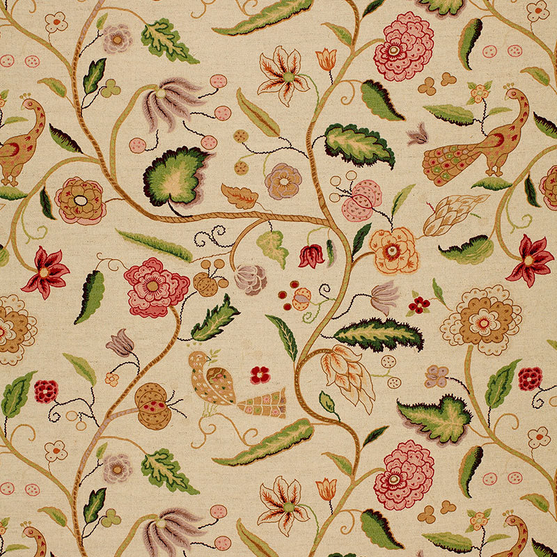 Beige floral vine print fabric with pink & red blossoms, green leaves & small birds.