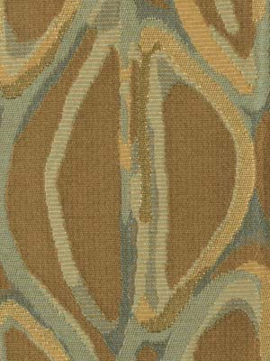 Woven fabric with abstract mid-century pattern in brown, tan, beige and blue; upholstery texture.