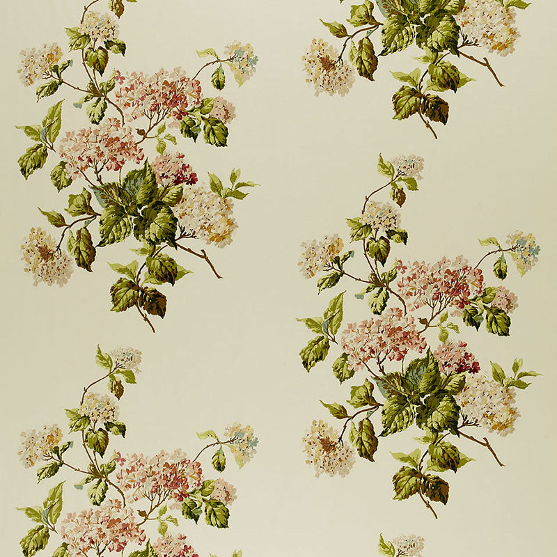Ivory background with repeating green leaves and pink, white & yellow hydrangea clusters in a botanical print.